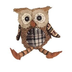 Decorative Stuffed Owl Button Eyes Plaid Beaded Legs Brown Tan Country